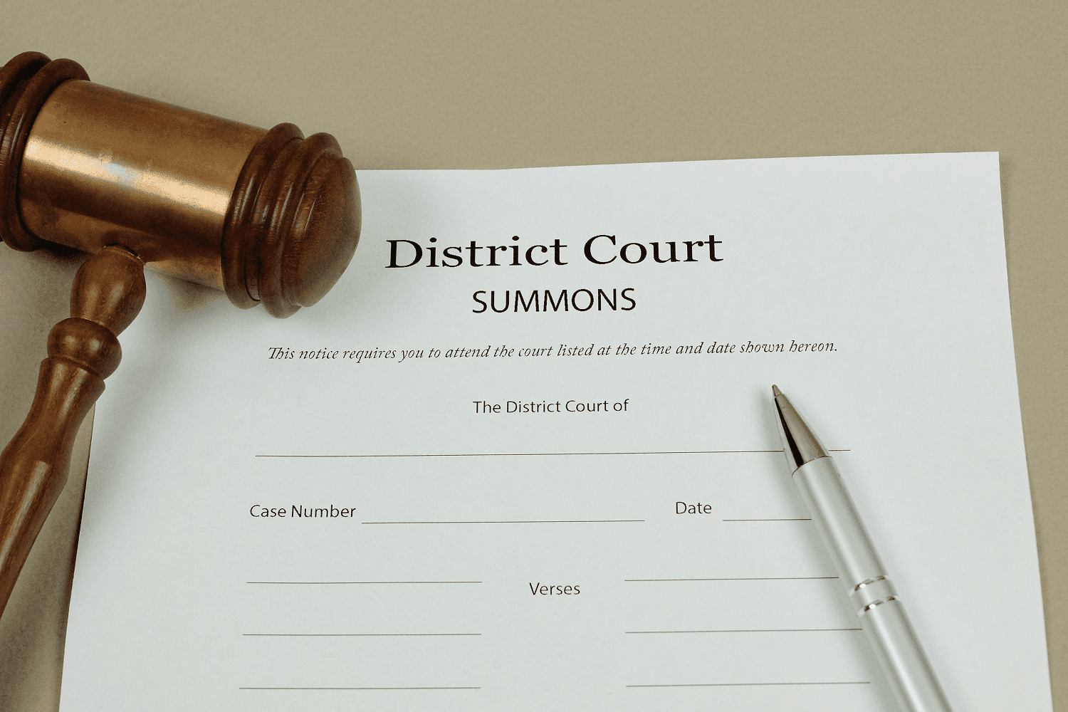 Gavel and pen on district court summons